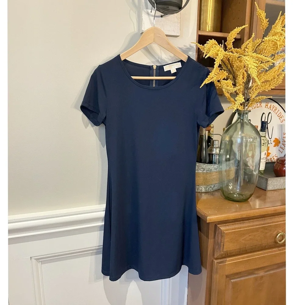 Michael Kors‎ Navy Blue Short Sleeve Gold Zip Back Fit Flare Dress Size XS